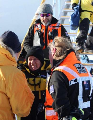 Mr Hawke descends the stairs of the Airbus A319 at Wilkins Runway (Photo: Australian Antarctic Division)